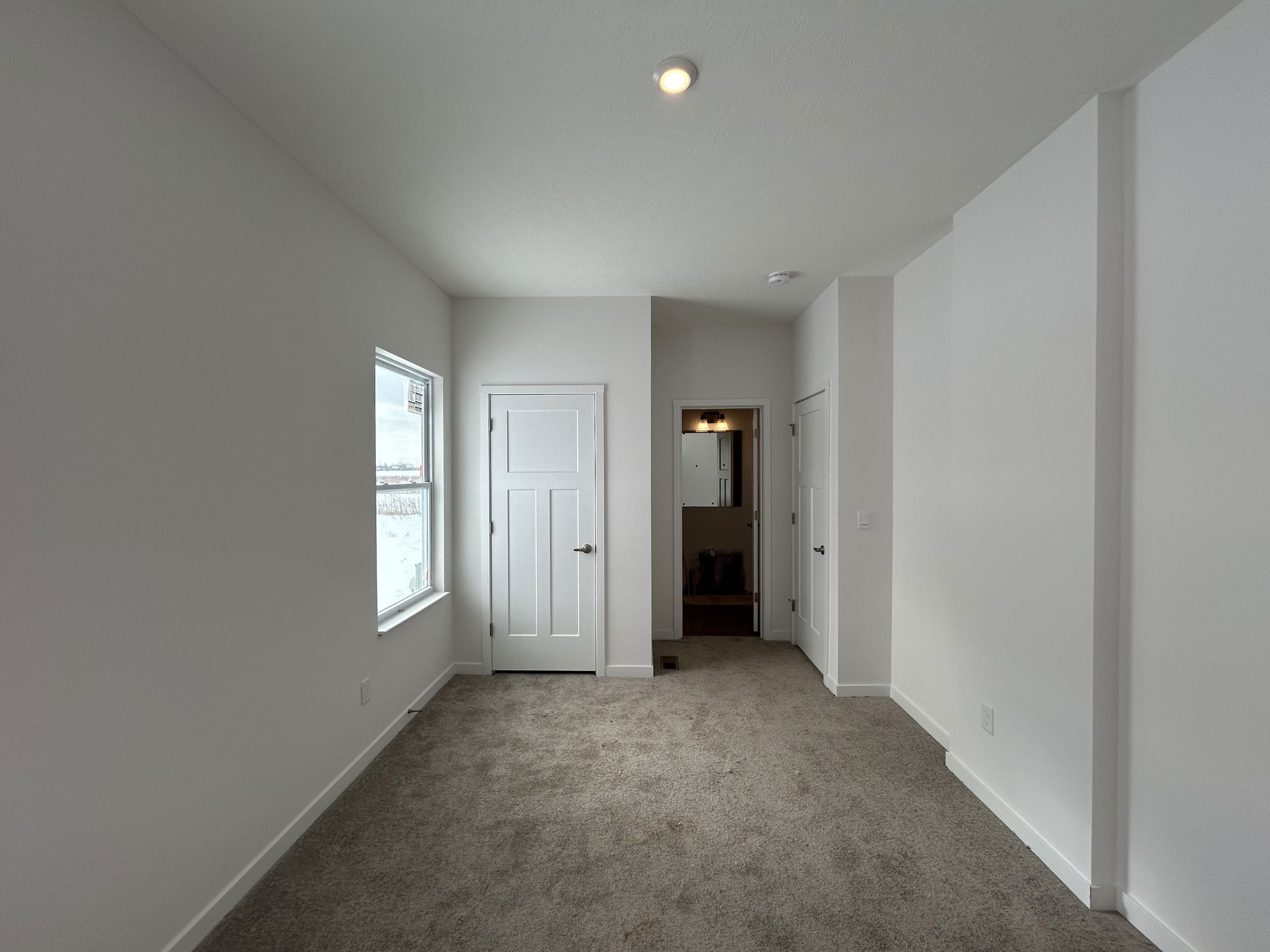 Spacious, brightly lit room featuring beige carpet, white walls, and a view out of a window, ideal for cozy living spaces.