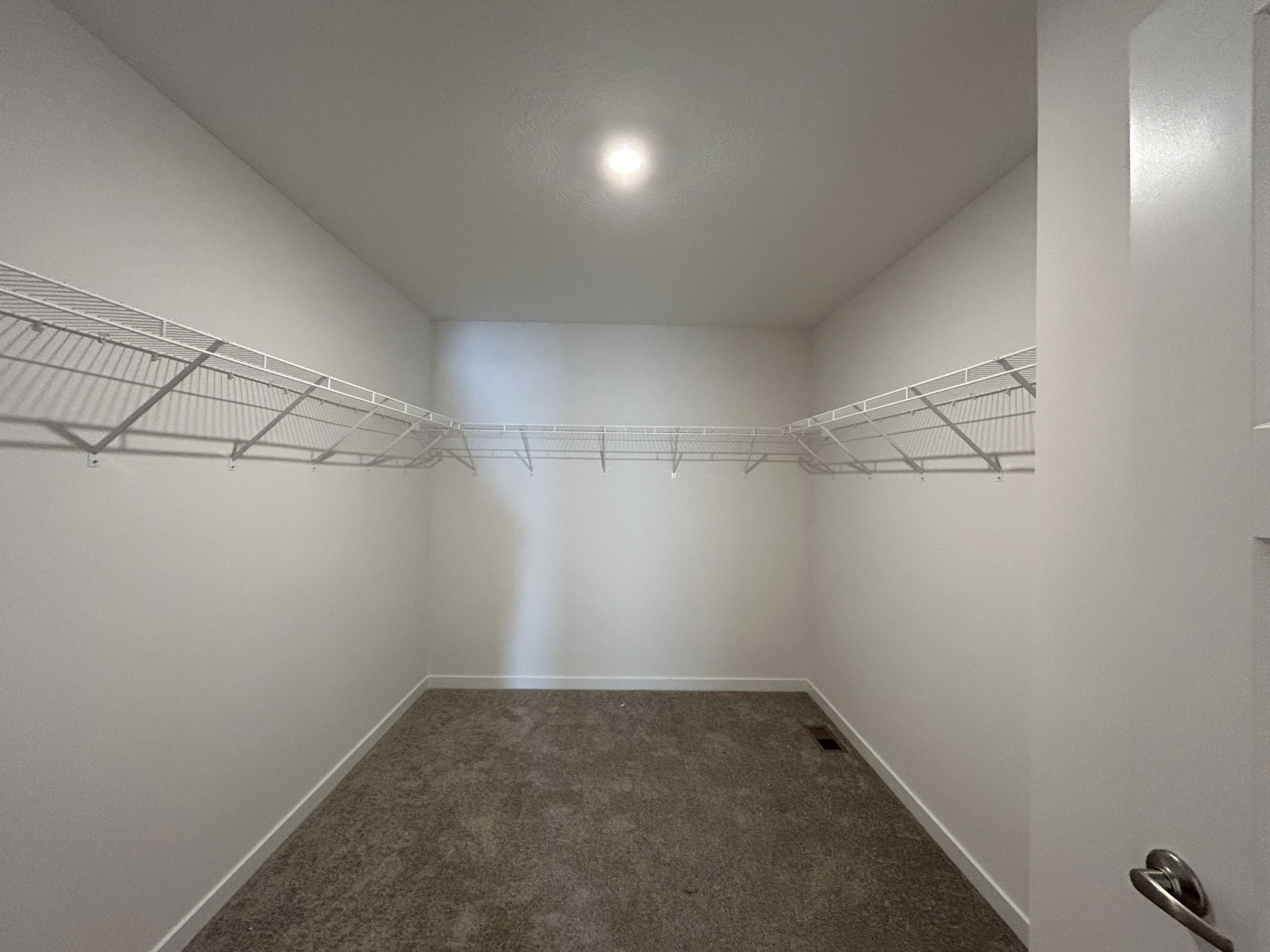 Spacious empty closet with wire shelving and carpeted flooring, perfect for organization and storage.