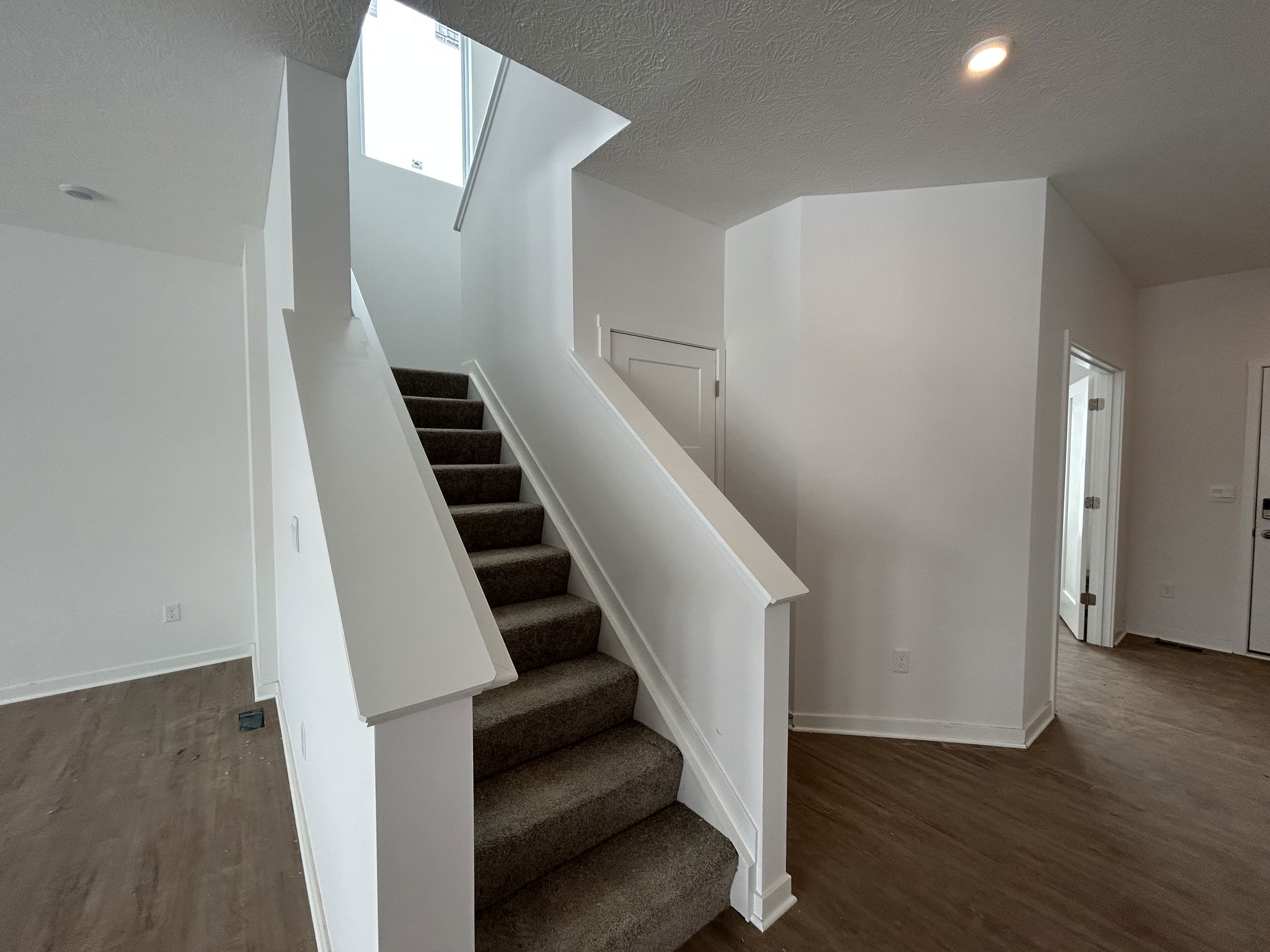 Bright and modern interior showcasing a carpeted staircase leading to upper levels in a newly constructed home.