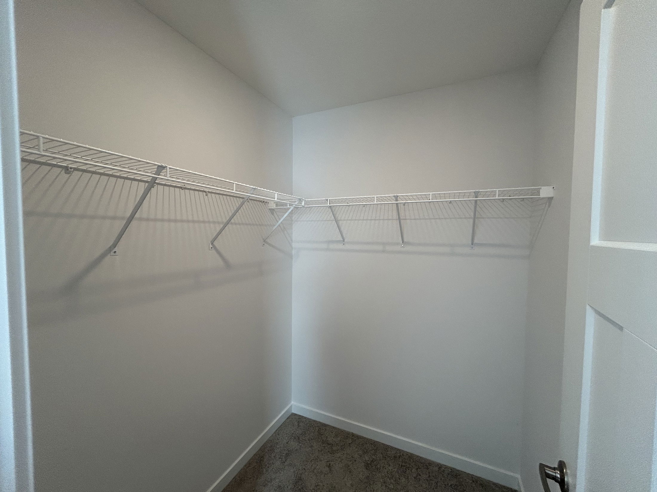 Empty walk-in closet with white wire shelves against a light gray wall.