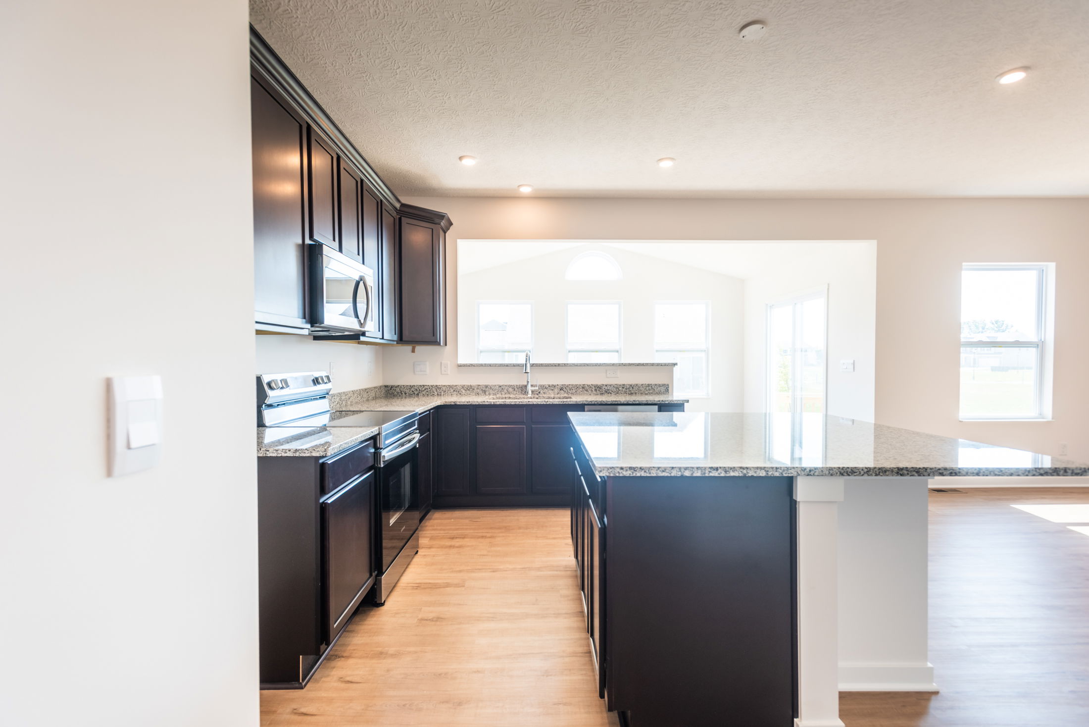 Modern kitchen interior with dark wood cabinets, granite countertops, and stainless steel appliances.