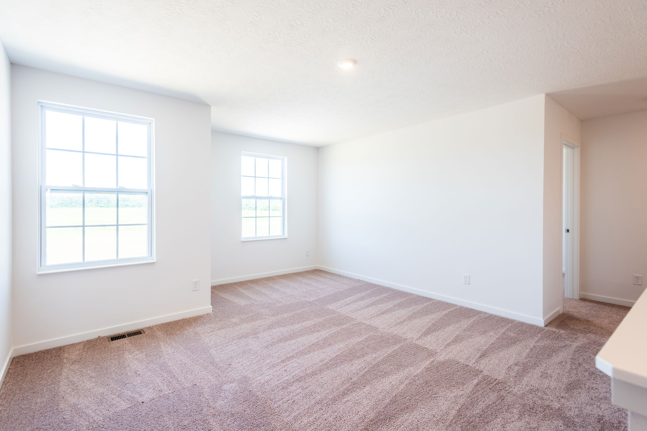 A bright, empty room with two large windows, white walls, and freshly vacuumed carpet.