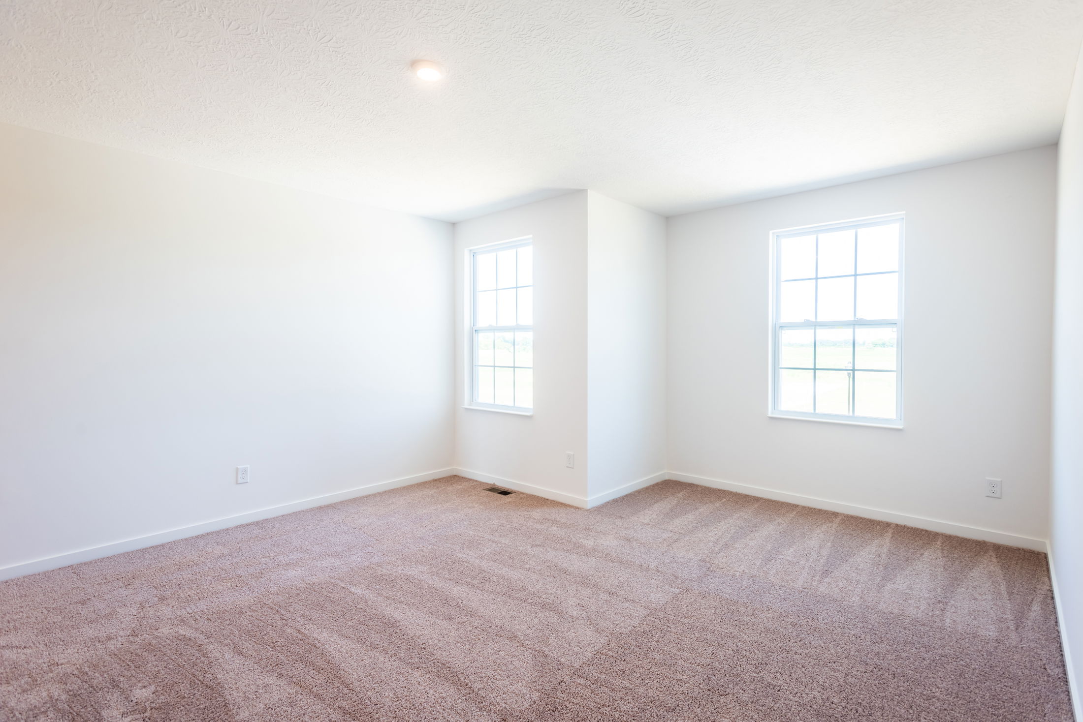 Bright and spacious empty room with two large windows, white walls, and cozy carpet flooring.