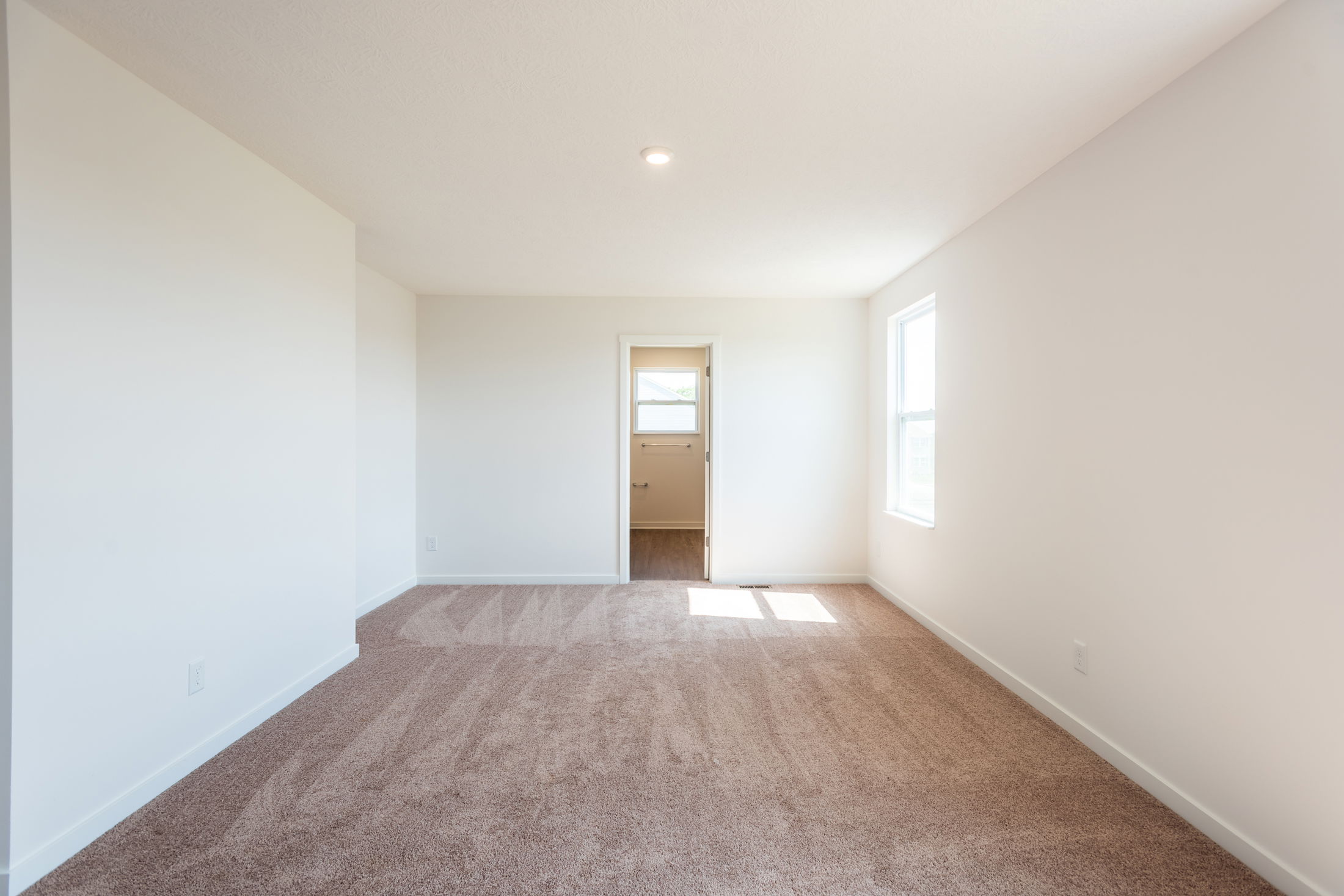 Spacious empty room with beige carpet and white walls, featuring a window and an open doorway leading to another area.