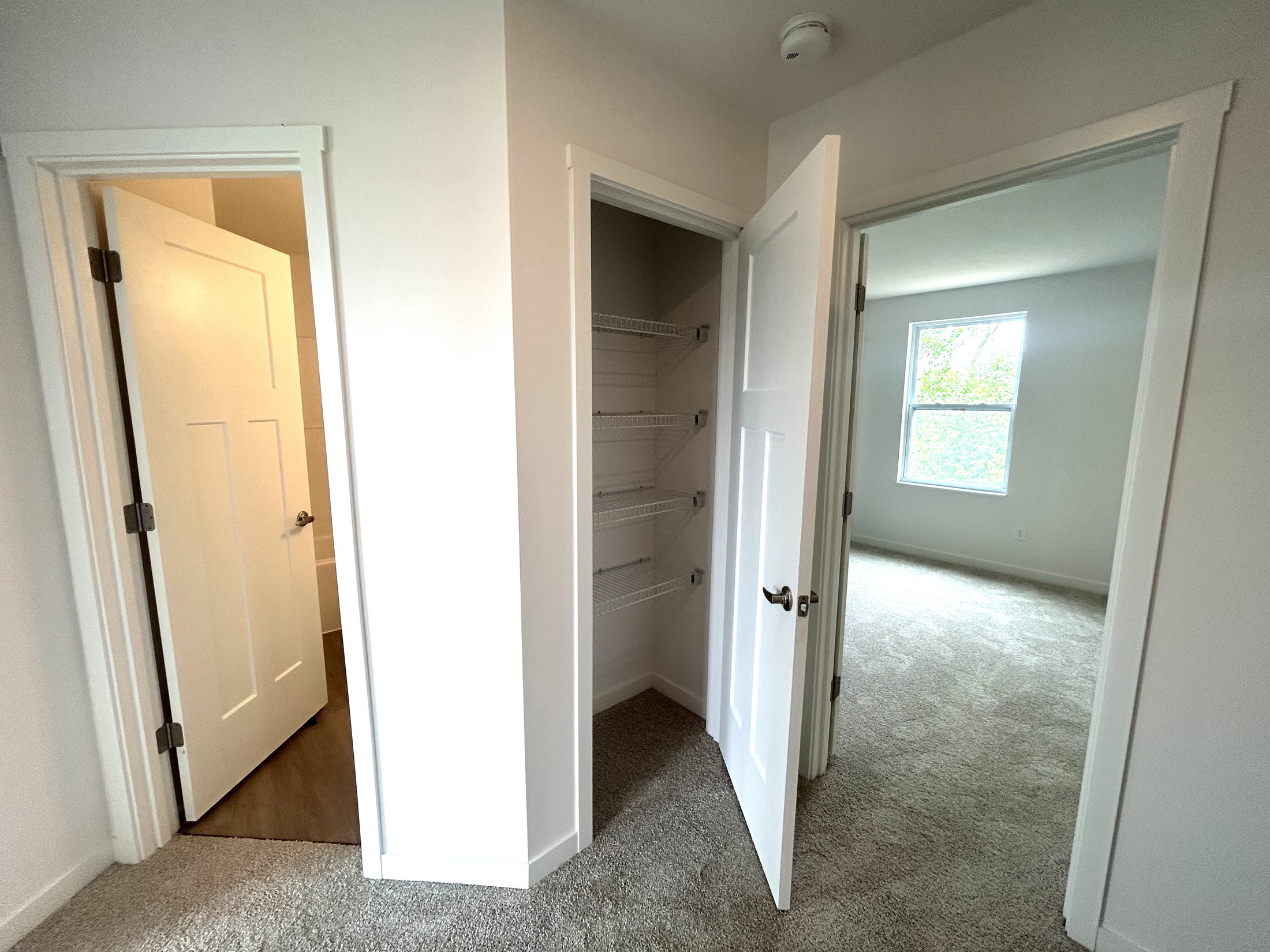 Interior view of a modern home featuring multiple doorways, a closet with shelving, and large windows for natural light.
