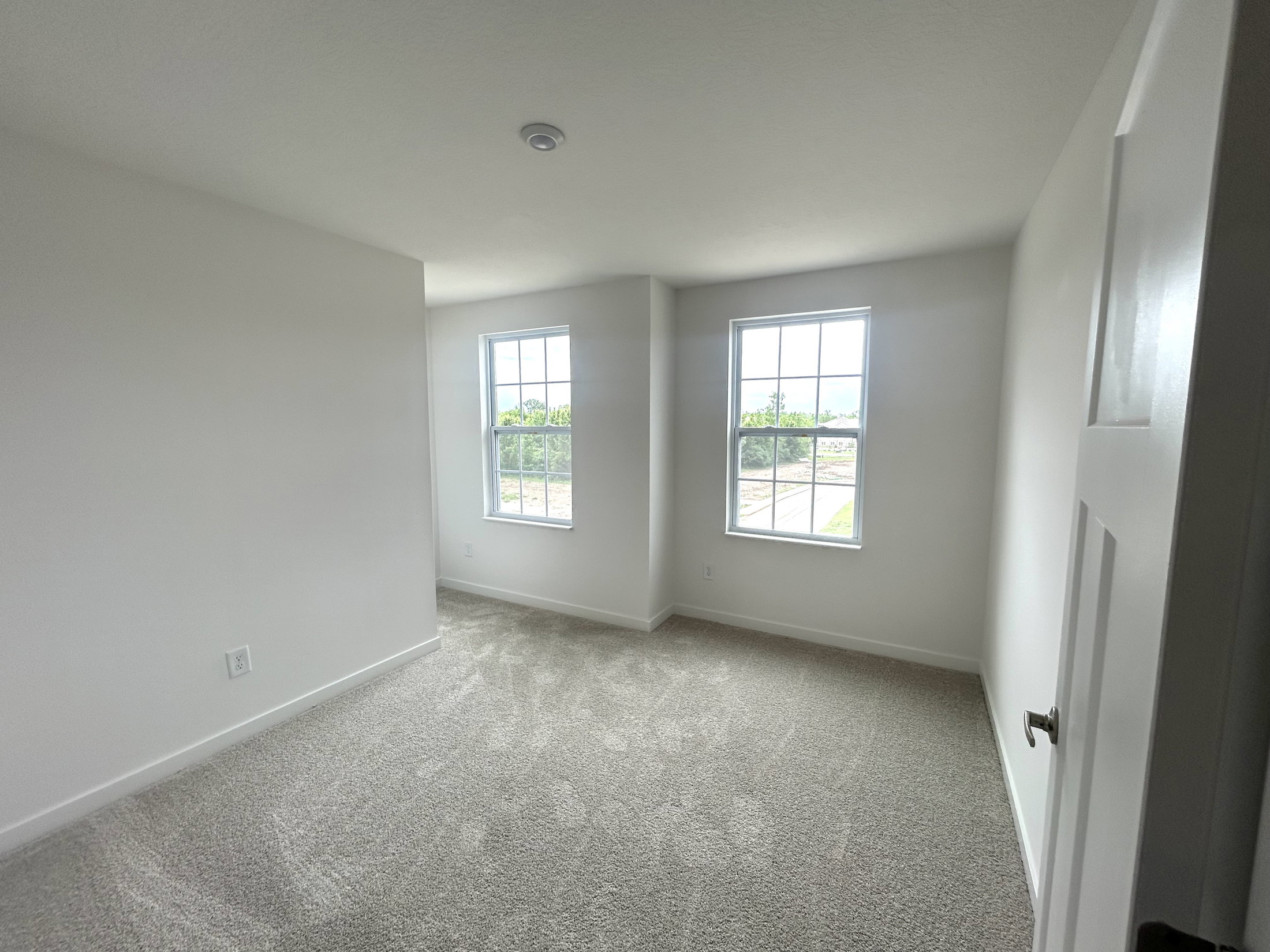 Bright and airy bedroom featuring large windows and soft carpet flooring.