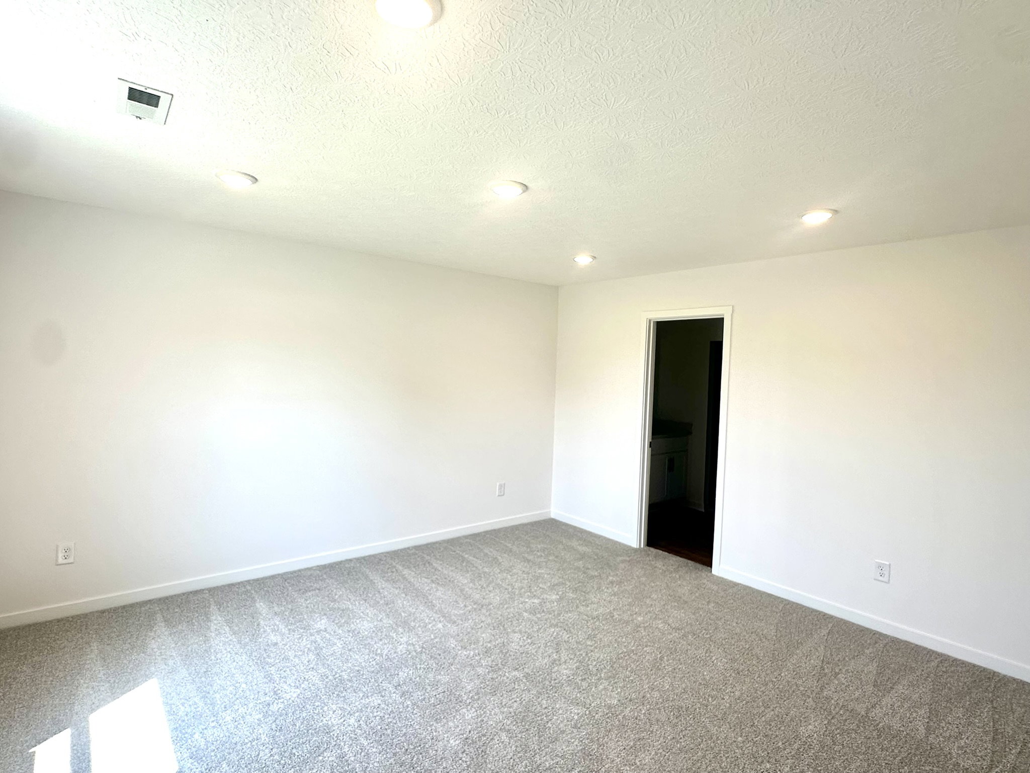 Empty room with light-colored walls and carpet, featuring recessed lighting and an open door leading to another space.
