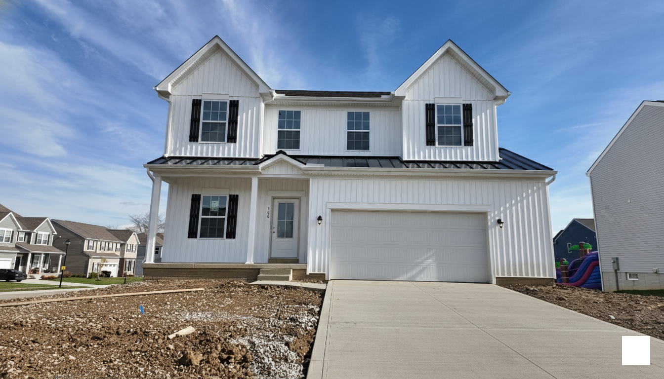 Front view of a newly constructed, modern white two-story house with a garage, set in a suburban neighborhood under a blue sky.
