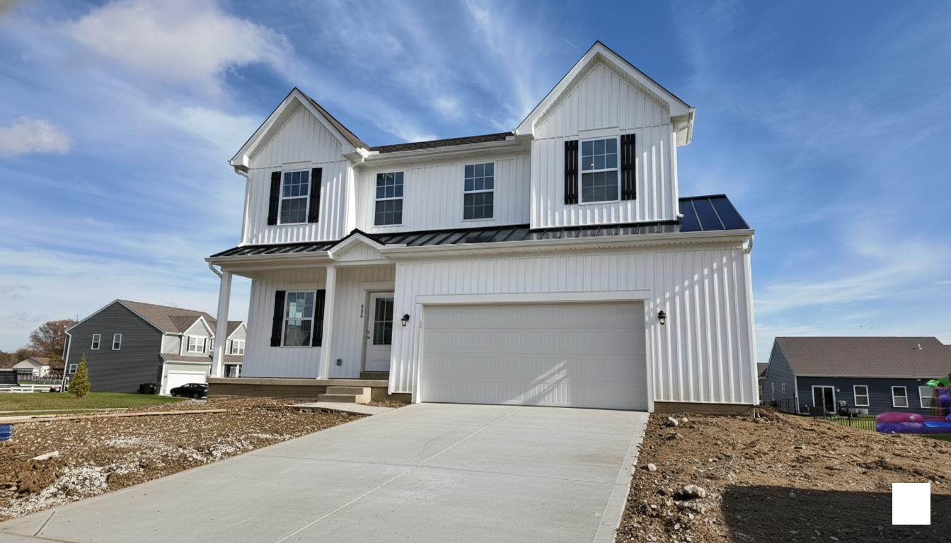 Modern white two-story house with black shutters, a spacious garage, and a clear blue sky background.