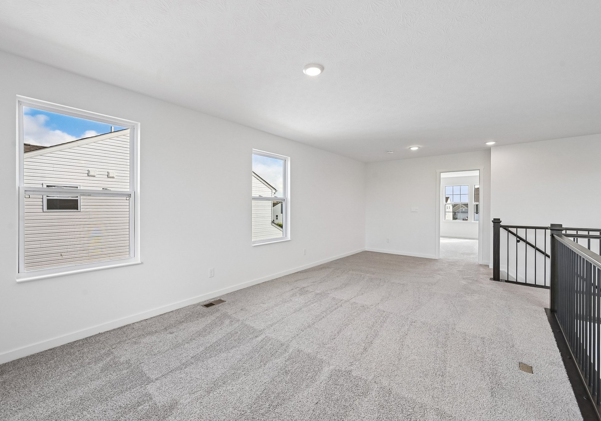 Bright, empty living space with carpeted floor and windows allowing natural light.
