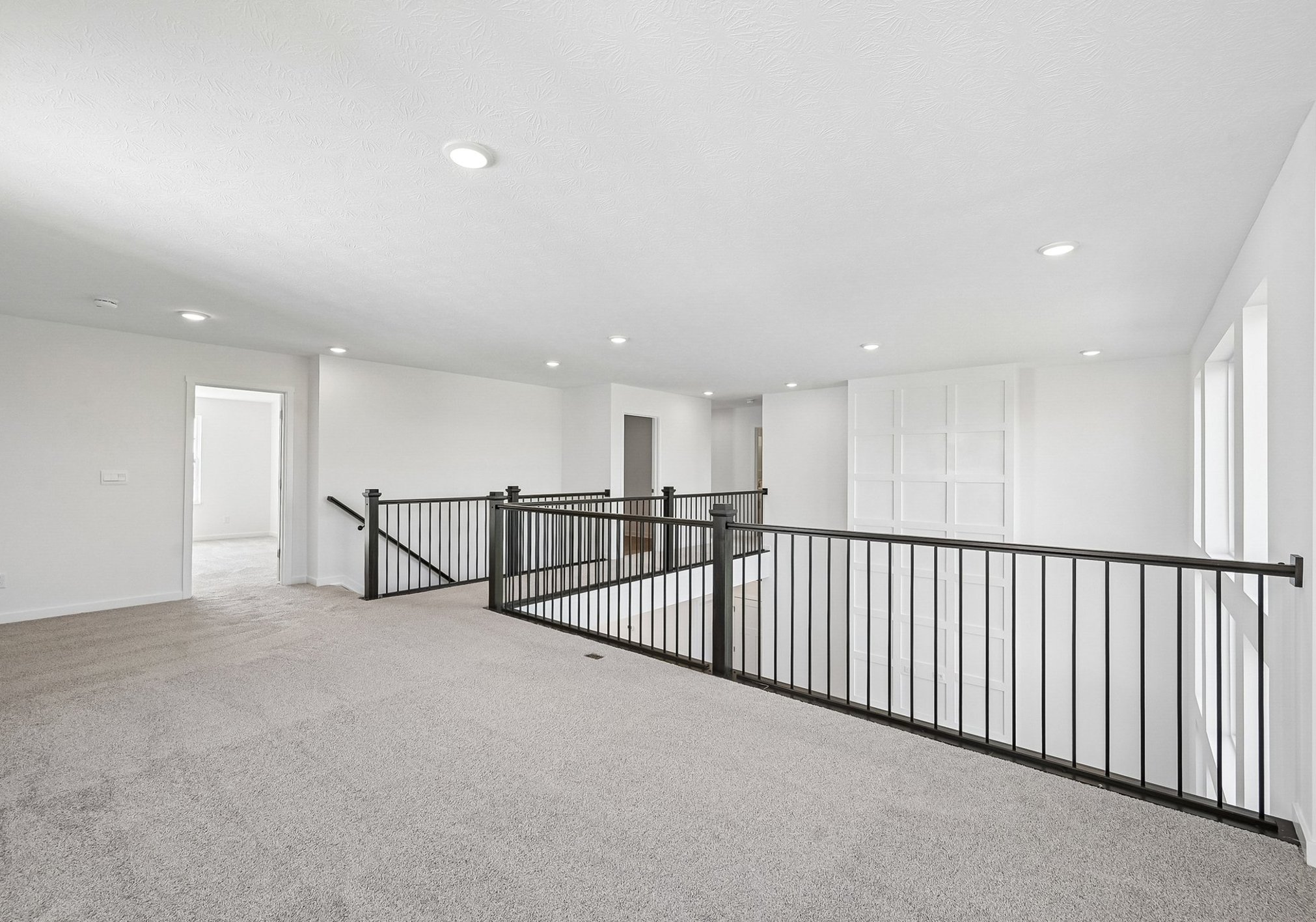 Bright, spacious interior view of a landing with carpeted floor and black railings.