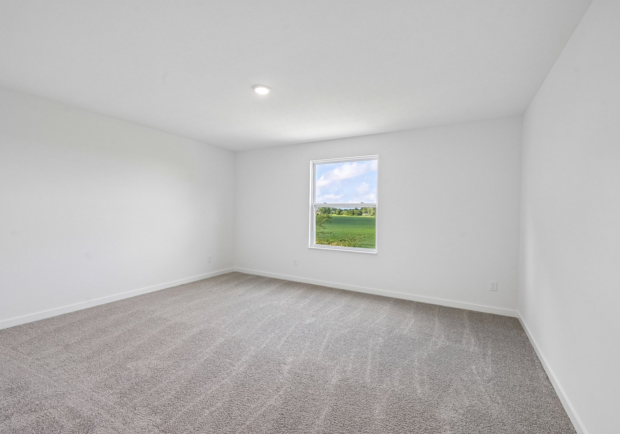 Empty room with gray carpet and a window overlooking a green landscape.